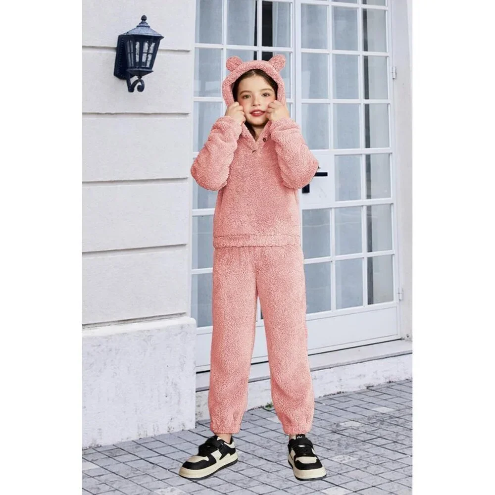 Girls 2 Piece Outfits Sweatsuit Fuzzy Long Sleeve Bear Ear Hoodie Sweatshirt and